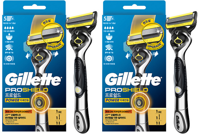 질레트 프로쉴드 옐로우 파워 면도기 핸들 + 면도날 세트, 2세트