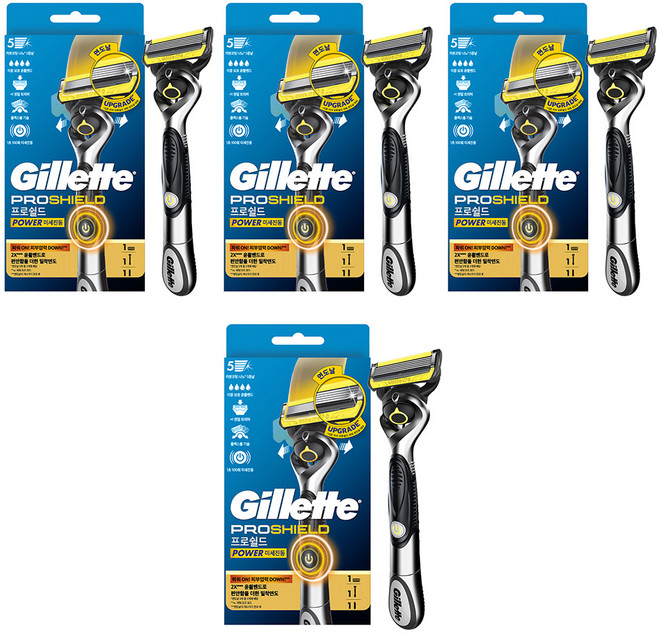 질레트 프로쉴드 옐로우 파워 면도기 핸들 + 면도날 세트, 4세트