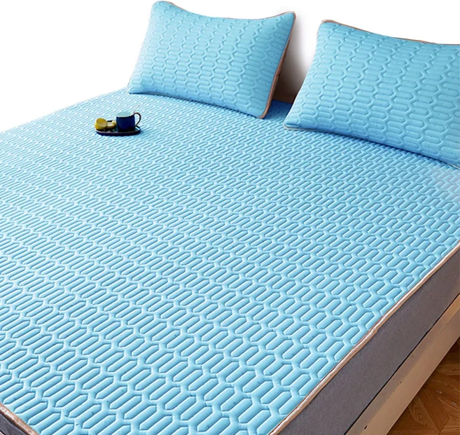 平單式超涼感乳膠冰絲涼墊 藍色 背面防滑顆粒 四角鬆緊帶固定, 涼感墊