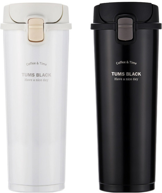 TUMS Black系列不鏽鋼保溫瓶 2個套裝 - 彈蓋式 雙層真空保溫, 白色+黑色, 500ml, 2個
