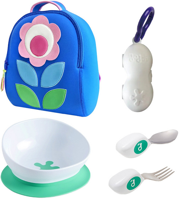 doddL 人體工學兒童學習餐具套組, 湖水綠, 叉子 + 湯匙 + 2合1可拆式吸盤碗 + 攜帶盒 + 魔法花朵輕量後背包, 1組