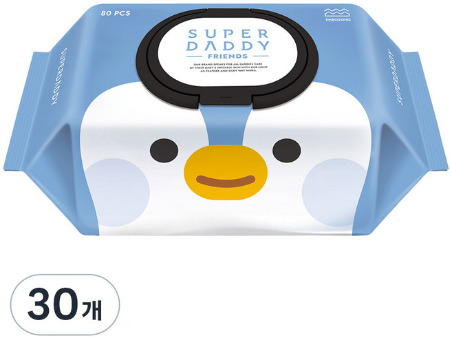 슈퍼대디 프랜즈 펭귄 유아물티슈 캡형, 55g, 80매, 30개