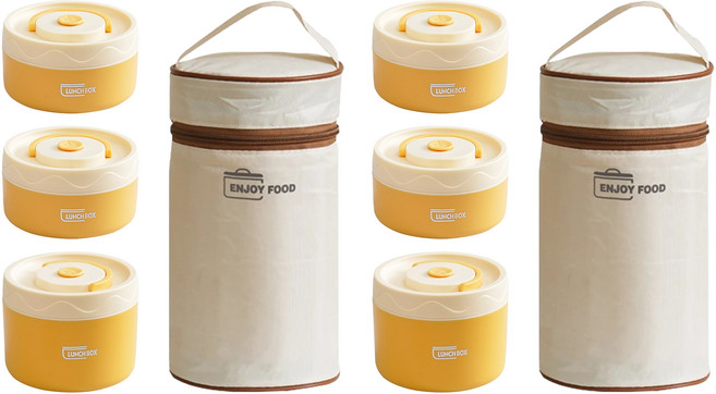 Couselect 可微波爐加熱陶瓷飯盒 115 x 115 x 215mm 300ml 2個 + 450ml 附保溫袋, 檸檬黃, 2組