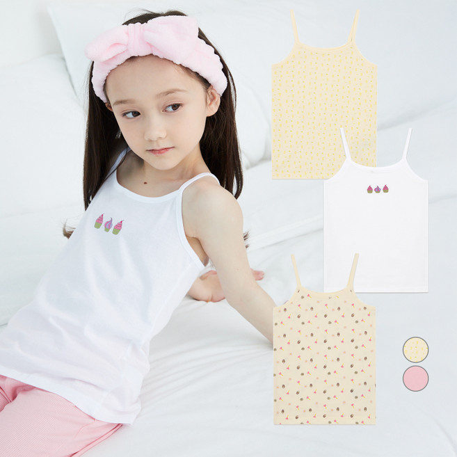 LollyTree 女童純棉印花無袖細肩帶背心3件組