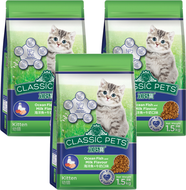 CLASSIC PETS 加好寶 幼貓用 乾糧, 海洋魚 + 牛奶, 1.5kg, 3袋