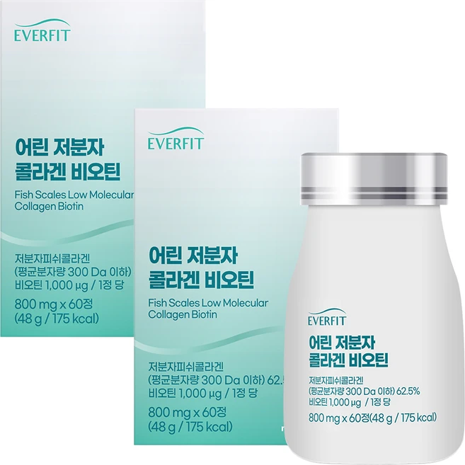 내츄럴플러스 에버핏 300달톤 어린 저분자 콜라겐 비오틴 48g, 2개, 60정 - 쿠팡