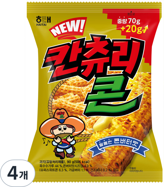 해태제과 칸츄리콘 콘버터맛, 90g, 4개