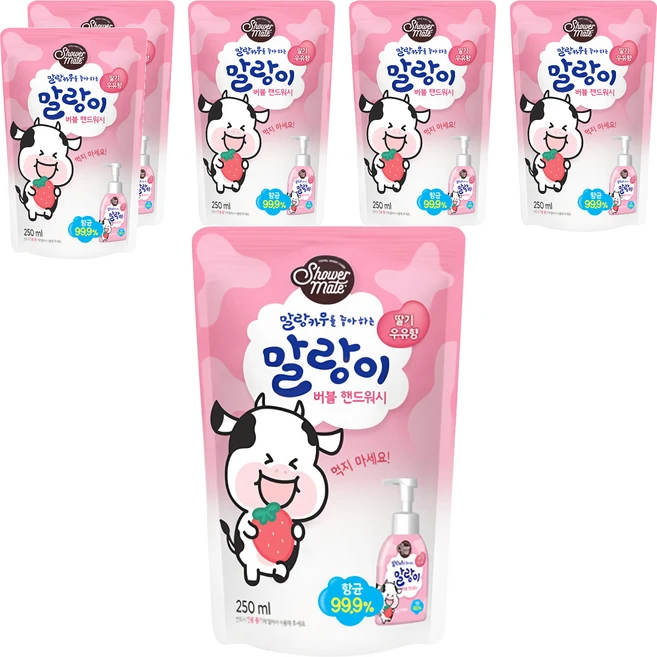 샤워메이트 말랑카우 버블 핸드워시 딸기 우유향 리필, 250ml, 6개 - 쿠팡