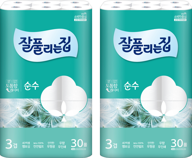 잘풀리는집 3겹 순수 천연펄프 고급롤화장지, 28m, 30개입, 2개