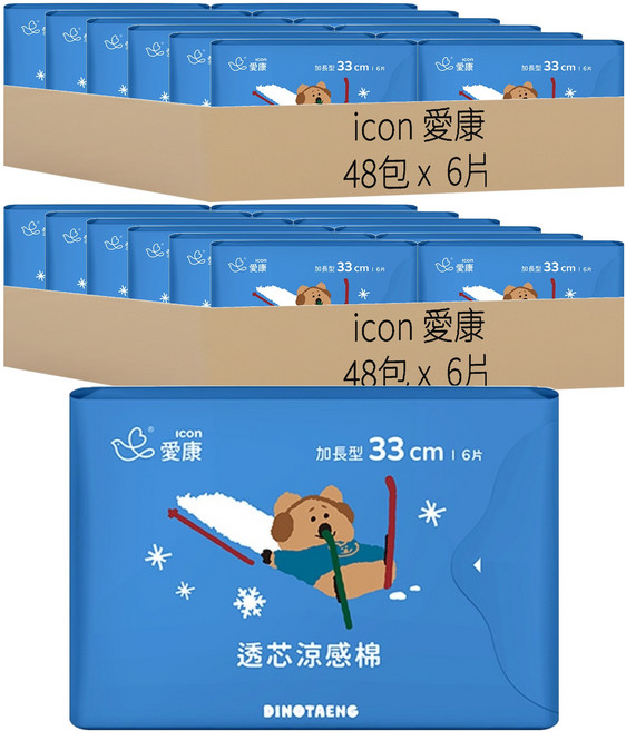 icon 愛康 透芯涼感夜用加長衛生棉 DINOTAENG特別款 護翼型, 33cm, 6片, 96包