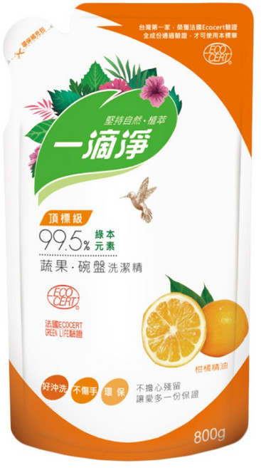 一滴淨 蘆薈多酚食品用洗潔精補充包 柑橘, 800g, 1包