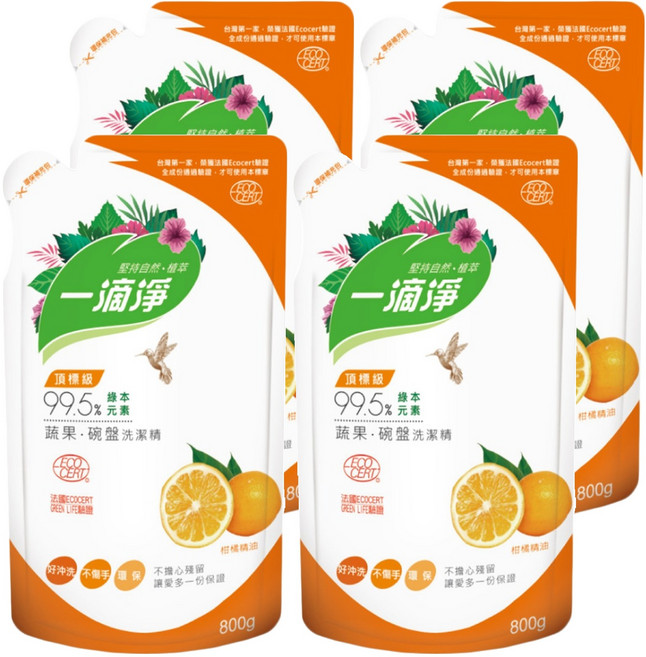 一滴淨 蘆薈多酚食品用洗潔精 柑橘, 800g, 4包