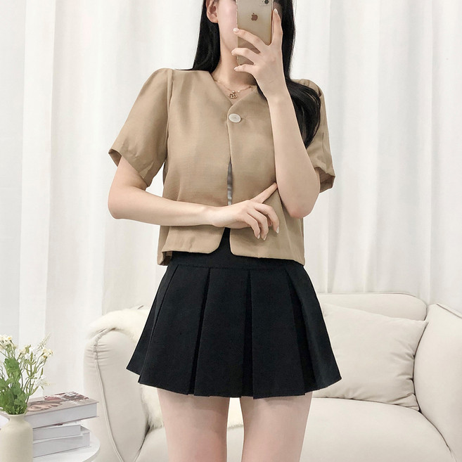 피어니스트 여성용 냉감 통기성 린넨 원버튼 크롭 반팔 자켓