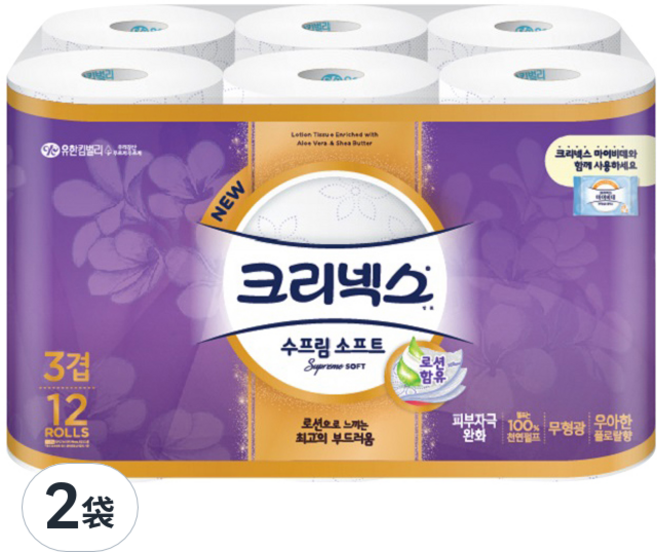 Kleenex 特級棉柔 三層捲筒衛生紙, 27m, 12捲, 2袋