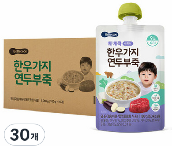 BEBECOOK 韓牛茄子嫩豆腐粥 常溫副食品 後期, 韓牛 + 茄子 + 豆腐混合口味, 100g, 30個