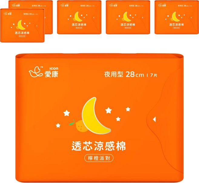 icon 愛康 透芯涼感衛生棉 檸橙派對 夜用型, 28cm, 7片, 6包