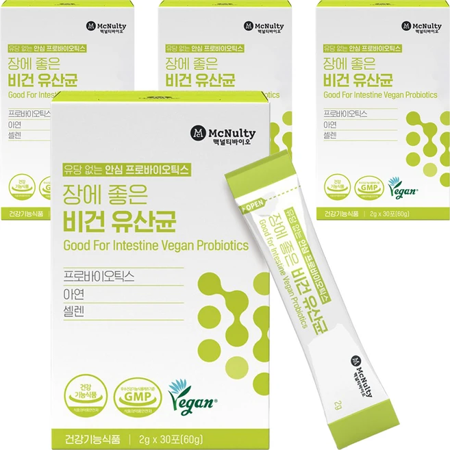 맥널티바이오 장에 좋은 비건 유산균 30p, 60g, 4개 - 쿠팡
