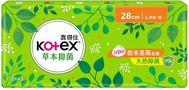 Kotex 靠得住 草本抑菌衛生棉, 28cm, 36片, 1組
