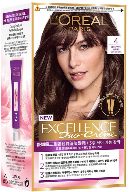 L'OREAL PARiS 巴黎萊雅 台灣公司貨 優媚霜三重護髮雙管染髮霜, 4 自然棕, 1組