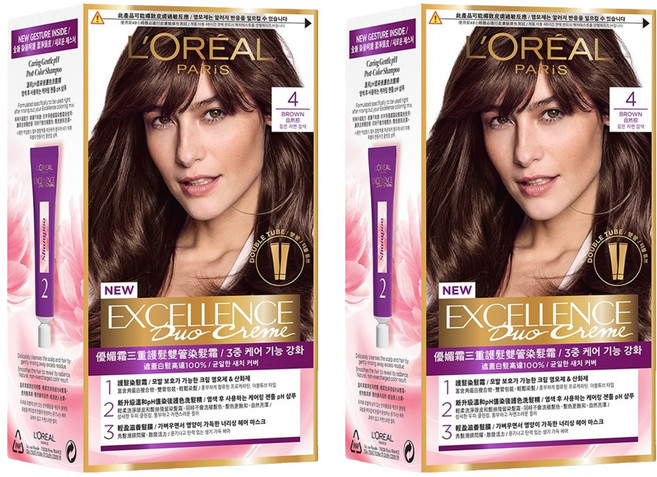 L'OREAL PARiS 巴黎萊雅 台灣公司貨 優媚霜三重護髮雙管染髮霜, 4 自然棕 Excellence Duo Creme 5NB 4, 2組