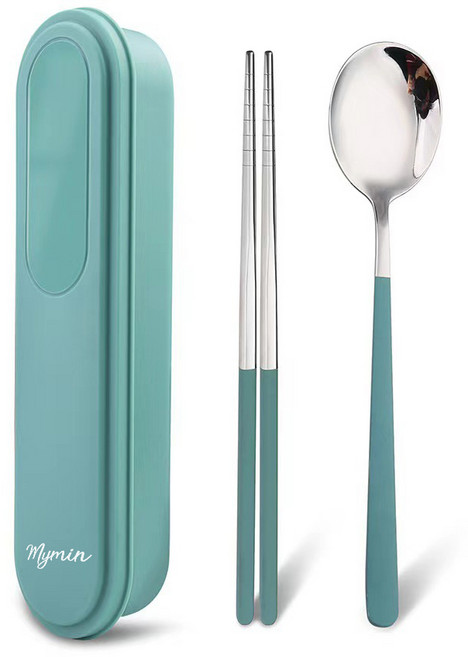 마이민 무소음 스텐 수저세트, 그린, 숟가락 + 젓가락 + 케이스, 1개