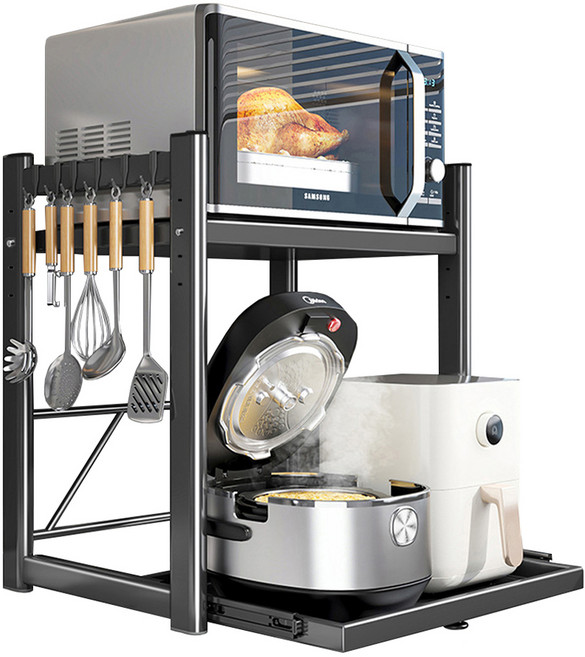 엠디유마켓 프리미엄 슬라이딩 높이 조절 밥솥 전자레인지 선반 2단 + 후크걸이 6p 세트, 그레이, 1세트