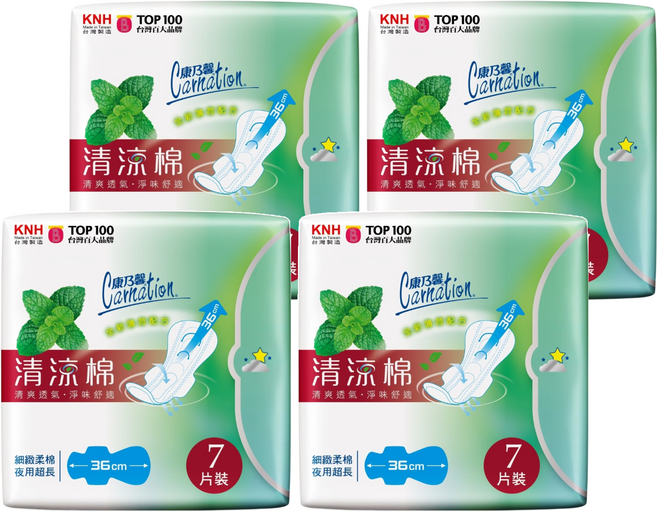 康乃馨 清涼棉衛生棉 36cm, 夜用超長型, 7片, 4包