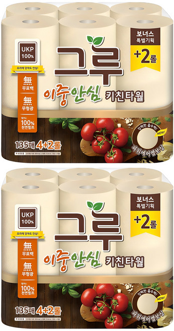 그루 이중안심 천연펄프 키친타올, 135매, 12개