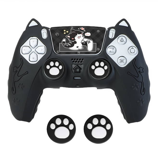 PS5手柄貓咪矽膠套 3合一 防滑設計, 黑色, 1組