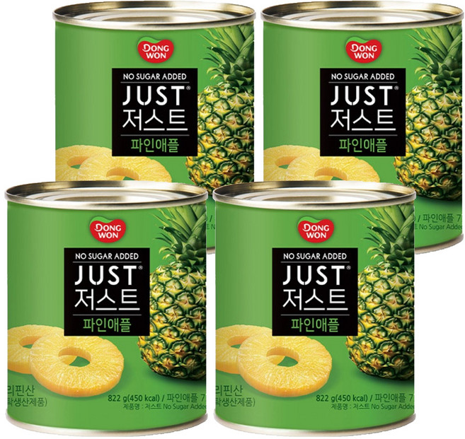 동원 JUST 저스트 노슈가 파인애플 통조림, 822g, 4개