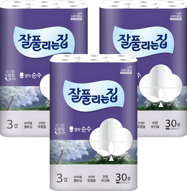 잘풀리는집 명작 순수 3겹 고급롤화장지, 30m, 30개입, 3개