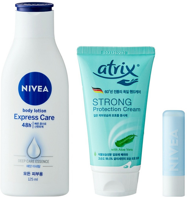NIVEA 妮維雅 極致保濕 護唇膏 4.8g + 身體乳液 125ml + 護手霜 75ml 套組 No.3, 1套