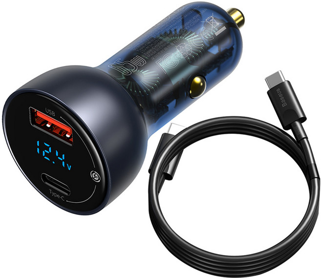 Baseus 倍思 65W U+C QC PPS 顯示雙孔車用高速充電器, VCKX65C, 深灰色