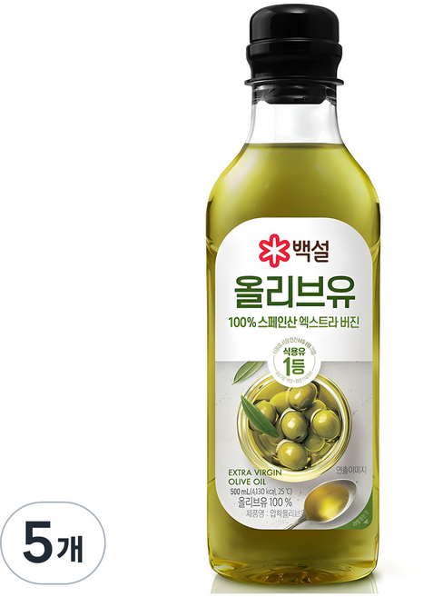 백설 엑스트라버진 압착 올리브유, 500ml, 5개