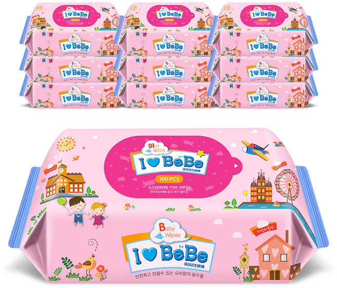 아이러브베베 물티슈 핑크 리필형, 100매, 10개