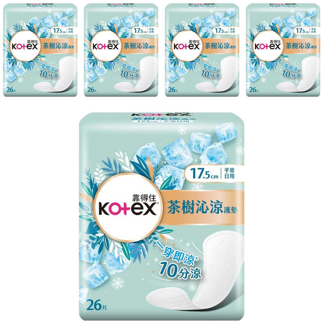 Kotex 靠得住 茶樹沁涼護墊 平常日用, 17.5cm, 26片, 5包