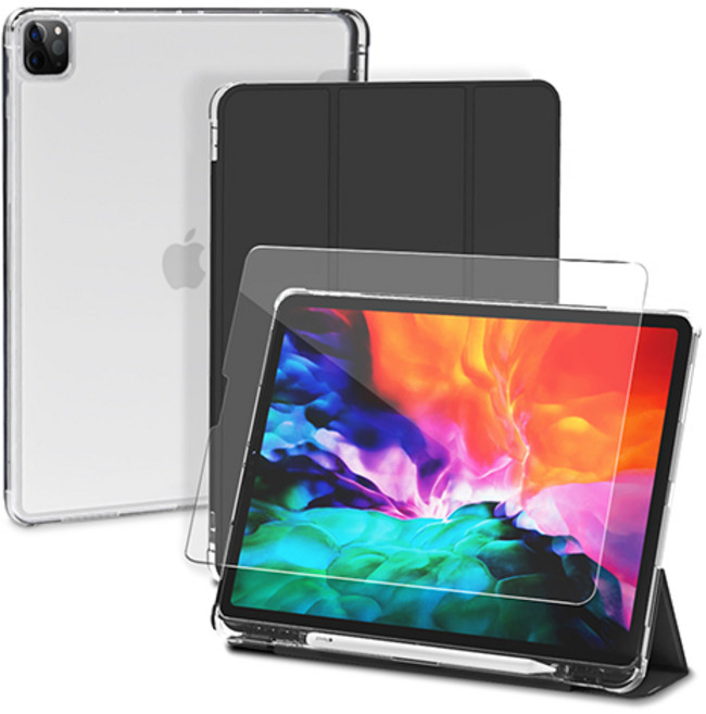 신지모루 애플펜슬 수납 아이패드 클리어 케이스 + 강화유리 2P, 블랙, 1개