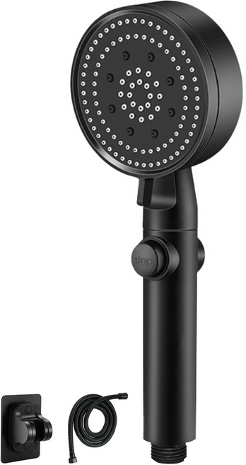 ANTIAN 家用手持浴室沐浴花灑增壓節水蓮蓬頭 附1.5米水管 + 免釘支架, 1個, 黑色