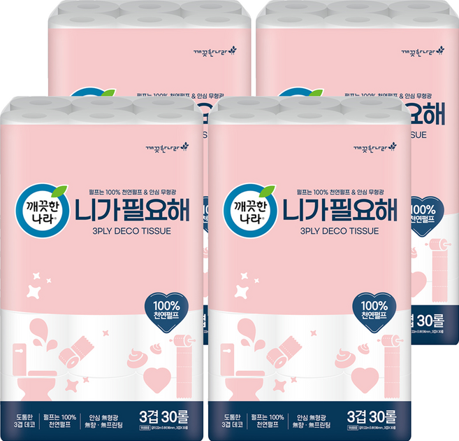 깨끗한나라 니가 필요해 천연펄프 3겹 고급롤화장지, 22m, 30롤, 4개