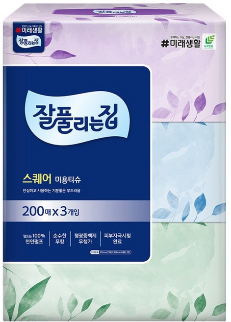 잘풀리는집 스퀘어 천연펄프 미용티슈 2겹, 200매, 3개