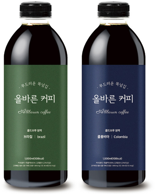 올바른커피콜드브루원액더치커피 브라질 + 콜롬비아, 1L, 2개입, 1세트