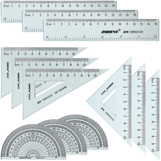 ZHIHENG 각도기 + 삼각자 2종 + 자 15cm 세트, 혼합색상, 3세트