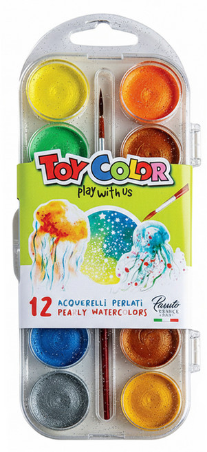 TOY COLOR 12色珍珠色固態粉餅式水彩盒, 12色