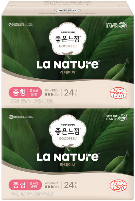 라네이처 좋은느낌 울트라슬림 생리대 날개형, 중형, 24개입, 2개