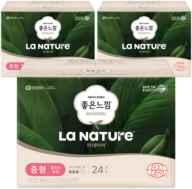 라네이처 좋은느낌 울트라슬림 생리대 날개형, 중형, 24개입, 3개