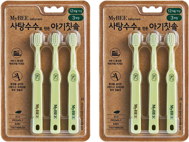 마이비 사탕수수로 만든 아기칫솔, 혼합색상, 3개입, 2개