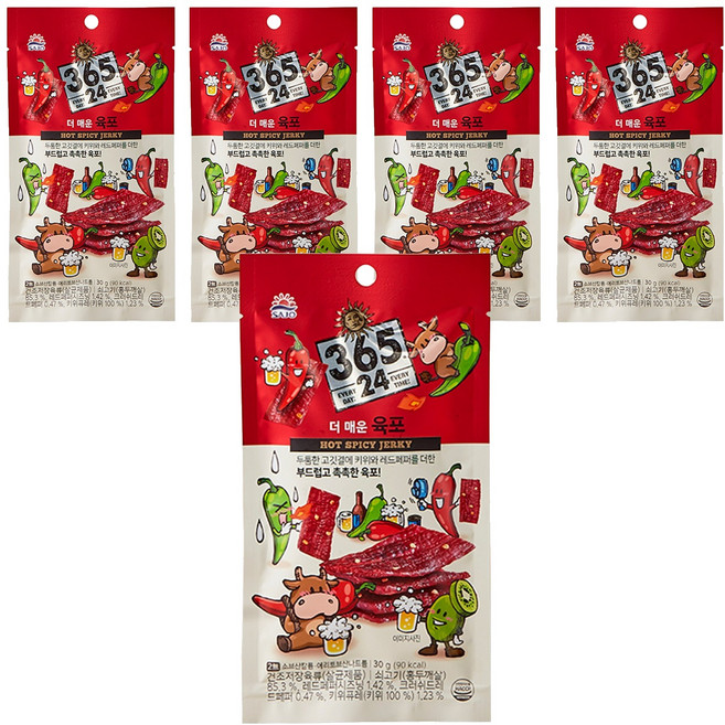 삼육오점이사 해표 365 24 더 매운 육포, 30g, 5개