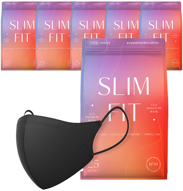 CLA 슬림핏 라이트 패키지 새부리형 보건용 마스크 소형 KF94, 25개입, 6개, 블랙
