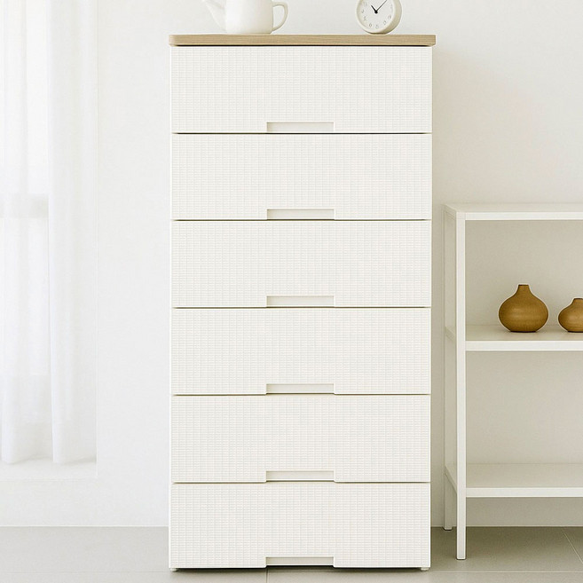 보노하우스 라탄플러스 우드상판 서랍장, 6단, 모던 화이트