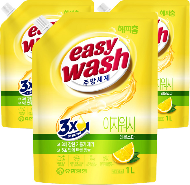 HAPPYHOME Easy Wash 檸檬蘇打補充包 一般廚房洗潔精, 3個, 1L